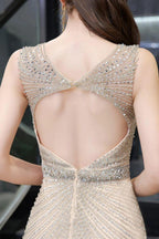 Stylish Deep V-Neck Sleeveless Beading Silver Slim Mermaid Party Gown by misshow.com