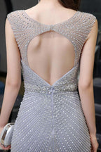 Stylish Deep V-Neck Sleeveless Beading Silver Slim Mermaid Party Gown by misshow.com