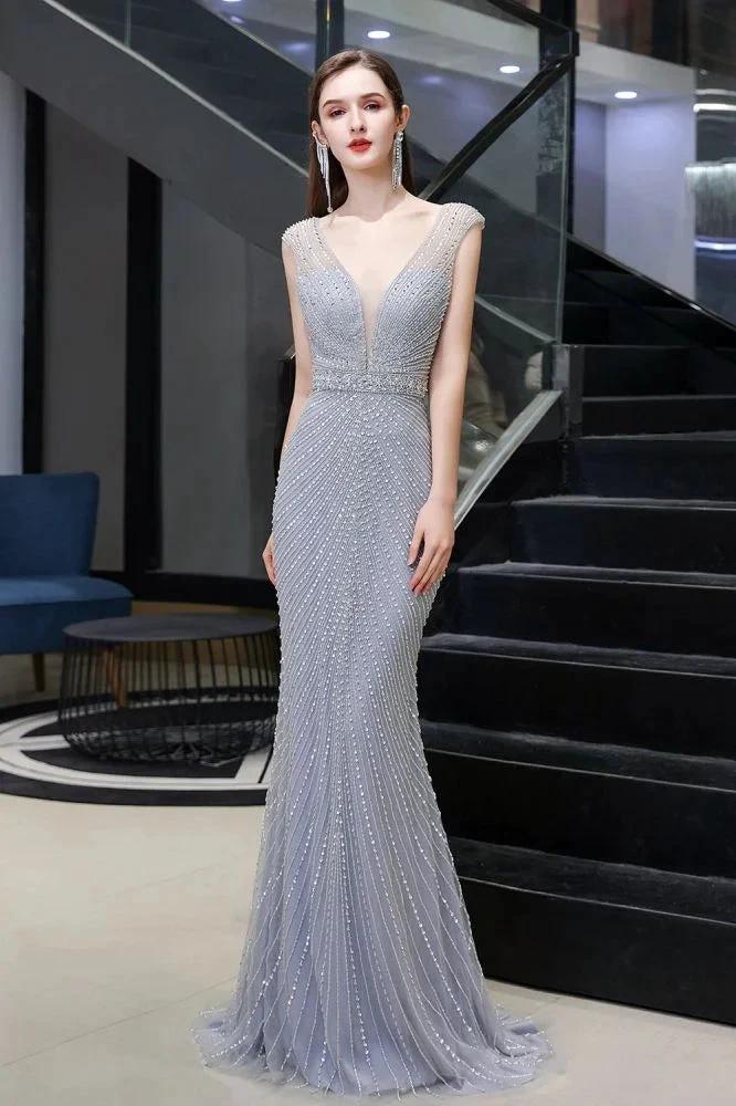 Stylish Deep V-Neck Sleeveless Beading Silver Slim Mermaid Party Gown by misshow.com