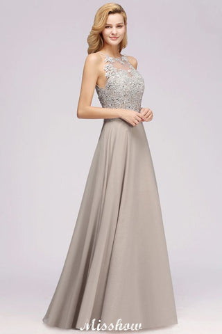 Vestido de fiesta de noche sin mangas con apliques florales elegantes, vestido largo de dama de honor de gasa plateada Aline