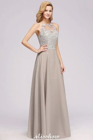 Vestido de fiesta de noche sin mangas con apliques florales elegantes, vestido largo de dama de honor de gasa plateada Aline