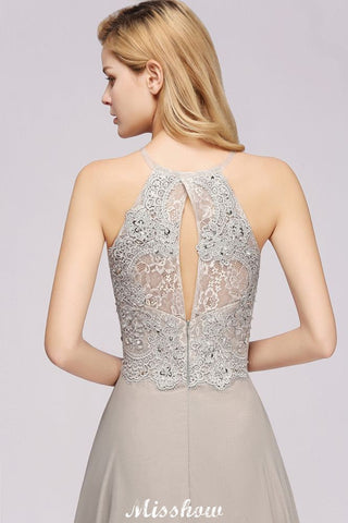 Vestido de fiesta de noche sin mangas con apliques florales elegantes, vestido largo de dama de honor de gasa plateada Aline