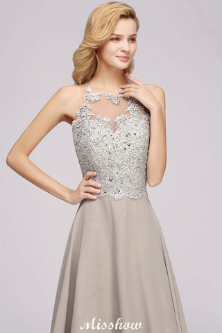 Vestido de fiesta de noche sin mangas con apliques florales elegantes, vestido largo de dama de honor de gasa plateada Aline