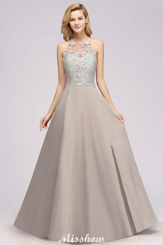 Vestido de fiesta de noche sin mangas con apliques florales elegantes, vestido largo de dama de honor de gasa plateada Aline