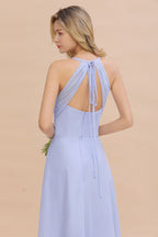 Stylish Halter V-Neck Sleeveless Floor-Length A-Line Bridesmaid Dress