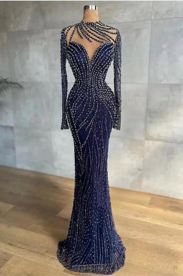 Stylish High Neck Navy Mermaid Evening Dress with Detachable Tulle Train Crystals Beads Long Prom Dress by misshow.com