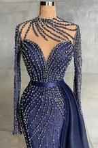Stylish High Neck Navy Mermaid Evening Dress with Detachable Tulle Train Crystals Beads Long Prom Dress by misshow.com