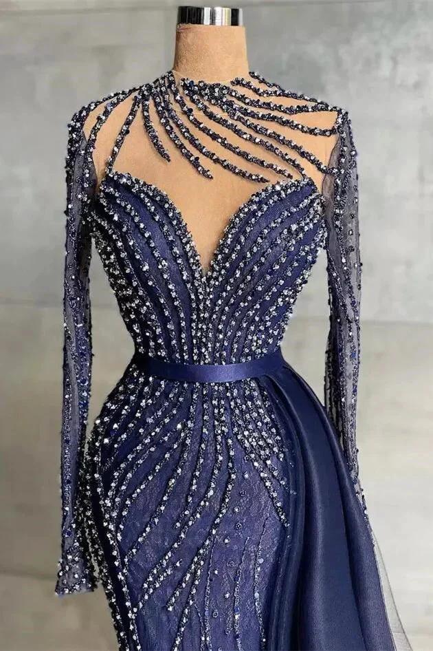 Stylish High Neck Navy Mermaid Evening Dress with Detachable Tulle Train Crystals Beads Long Prom Dress by misshow.com