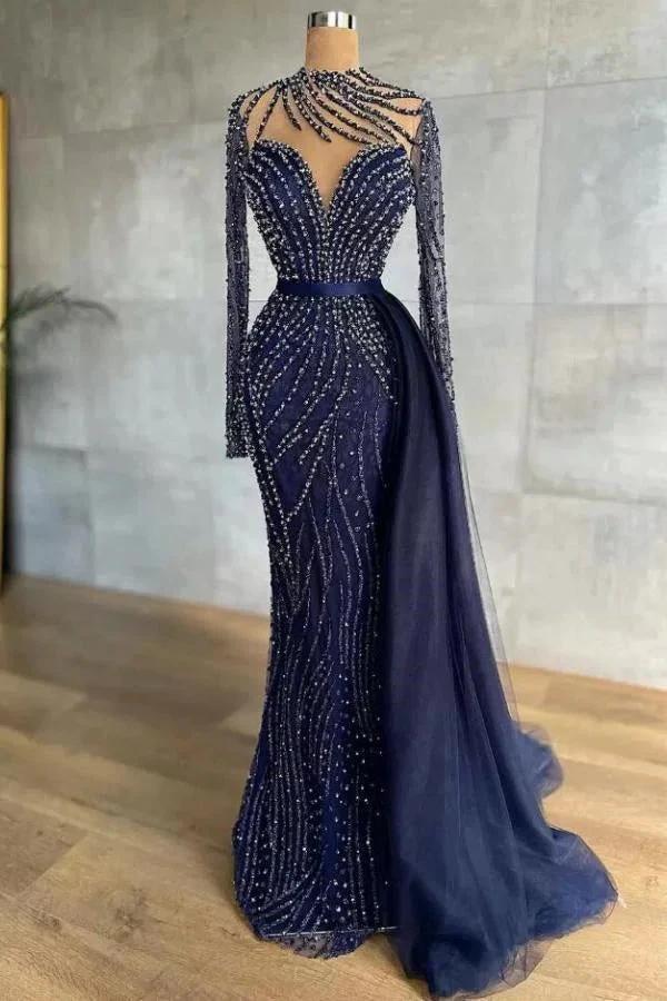 Stylish High Neck Navy Mermaid Evening Dress with Detachable Tulle Train Crystals Beads Long Prom Dress by misshow.com