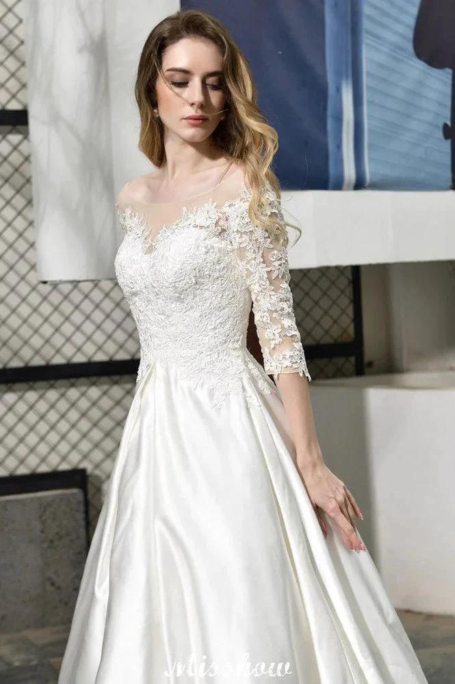 Stylish Lace Appliques Half Sleeves Aline Wedding Dress Floor Length Satin Dress for Bride by misshow.com