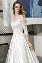 Stylish Lace Appliques Half Sleeves Aline Wedding Dress Floor Length Satin Dress for Bride by misshow.com