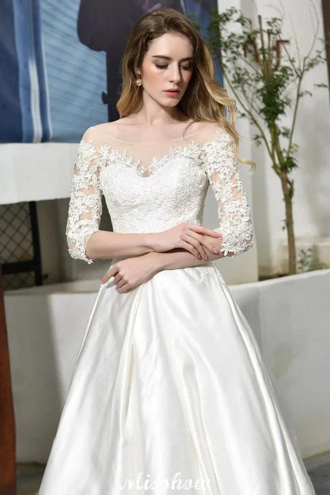 Stylish Lace Appliques Half Sleeves Aline Wedding Dress Floor Length Satin Dress for Bride by misshow.com