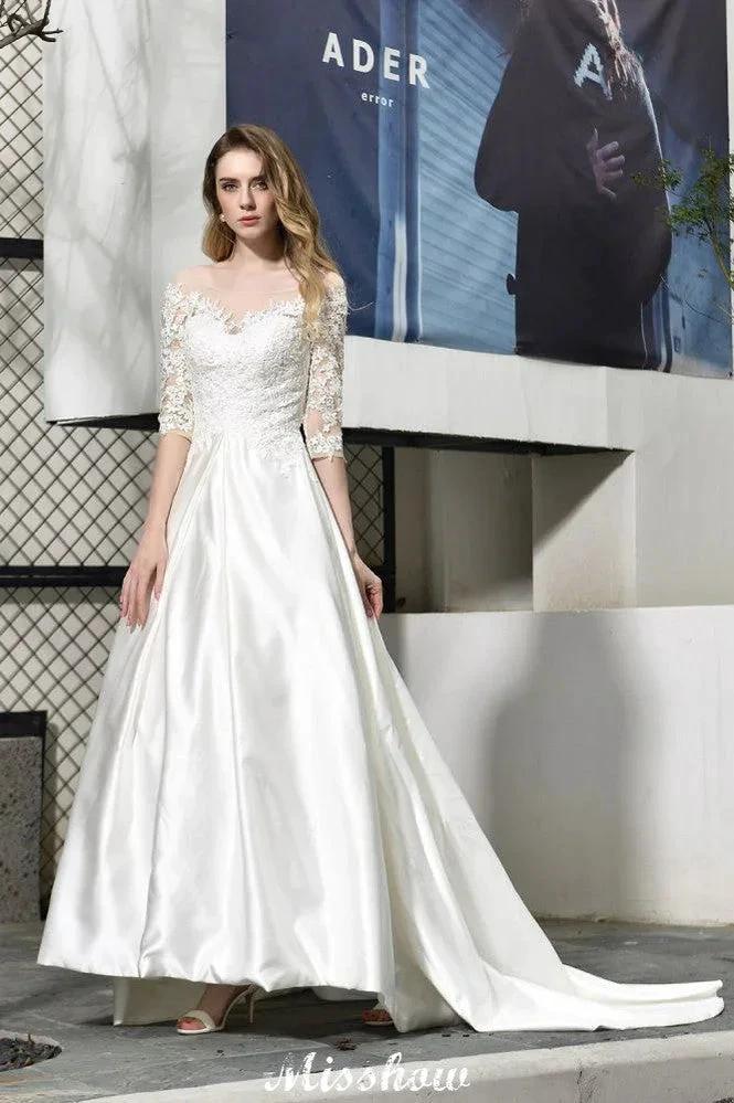 Stylish Lace Appliques Half Sleeves Aline Wedding Dress Floor Length Satin Dress for Bride by misshow.com