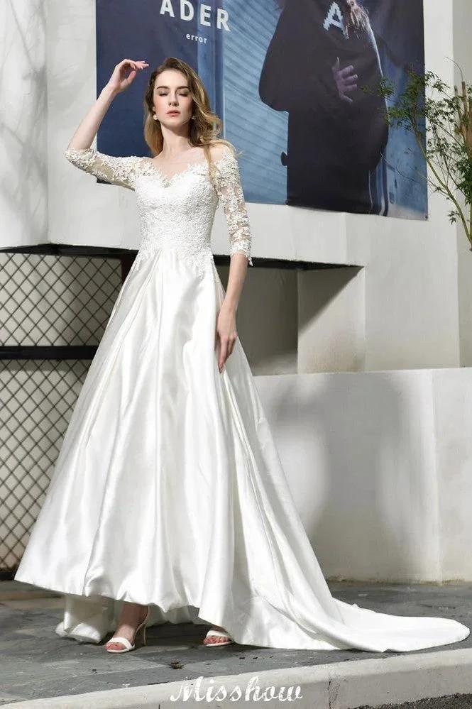 Stylish Lace Appliques Half Sleeves Aline Wedding Dress Floor Length Satin Dress for Bride by misshow.com