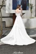 Stylish Lace Appliques Half Sleeves Aline Wedding Dress Floor Length Satin Dress for Bride by misshow.com