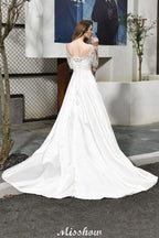 Stylish Lace Appliques Half Sleeves Aline Wedding Dress Floor Length Satin Dress for Bride by misshow.com