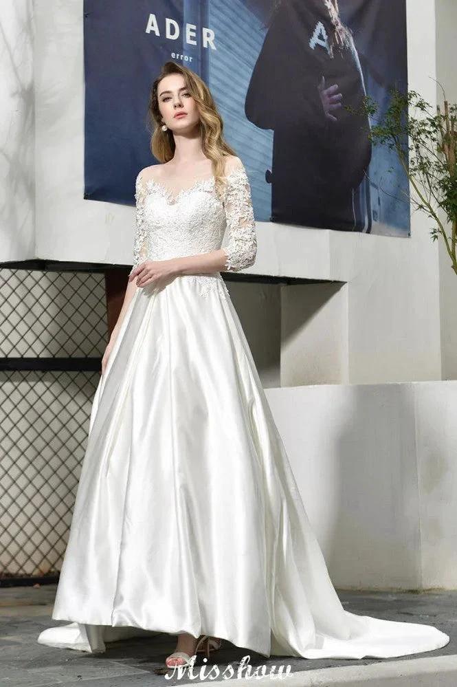 Stylish Lace Appliques Half Sleeves Aline Wedding Dress Floor Length Satin Dress for Bride by misshow.com