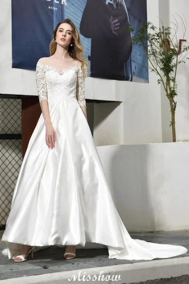 Stylish Lace Appliques Half Sleeves Aline Wedding Dress Floor Length Satin Dress for Bride by misshow.com