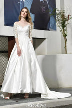 Stylish Lace Appliques Half Sleeves Aline Wedding Dress Floor Length Satin Dress for Bride by misshow.com