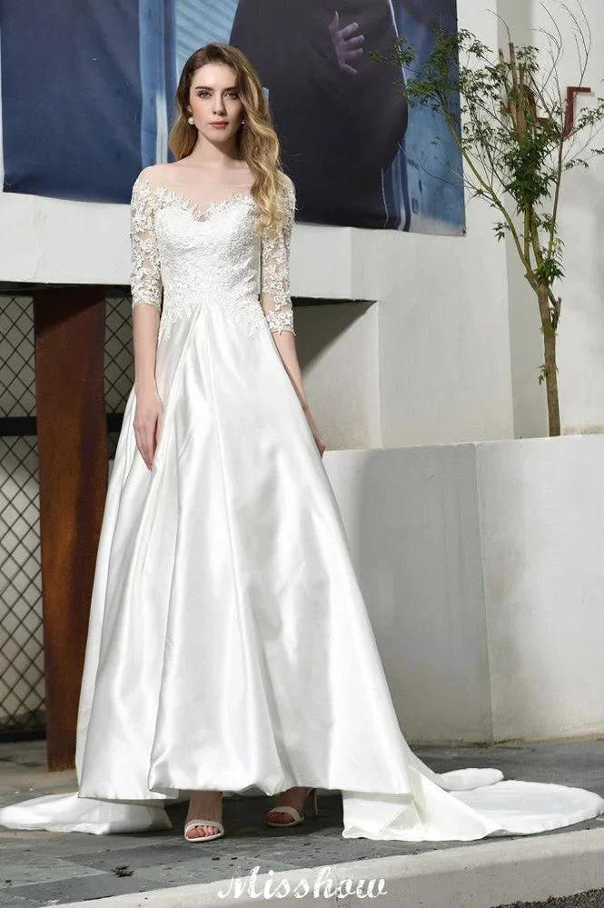Stylish Lace Appliques Half Sleeves Aline Wedding Dress Floor Length Satin Dress for Bride by misshow.com