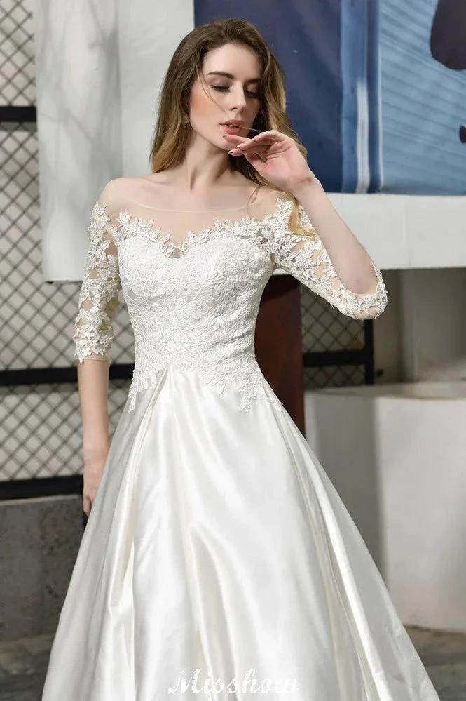 Stylish Lace Appliques Half Sleeves Aline Wedding Dress Floor Length Satin Dress for Bride by misshow.com