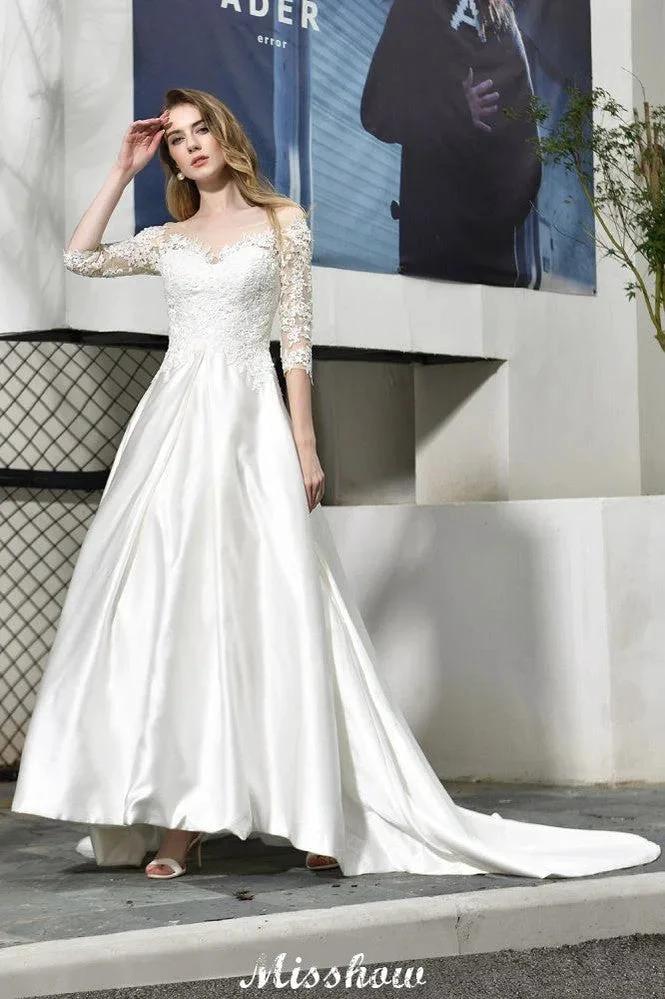 Stylish Lace Appliques Half Sleeves Aline Wedding Dress Floor Length Satin Dress for Bride by misshow.com