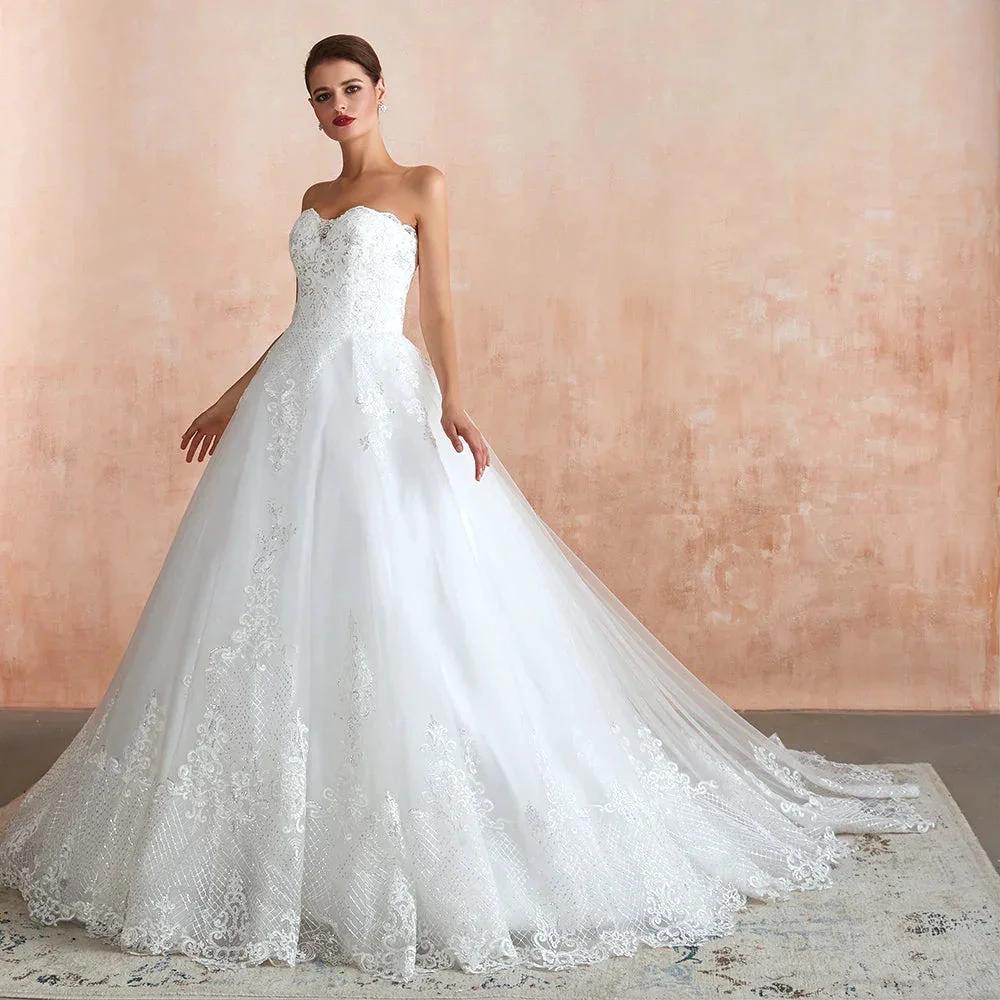 Stylish Long A-line Strapless Appliques Tulle Wedding Dress by BIZTUNNEL