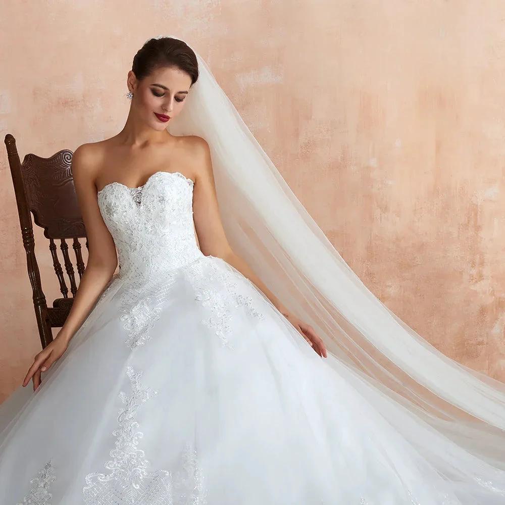 Stylish Long A-line Strapless Appliques Tulle Wedding Dress by BIZTUNNEL