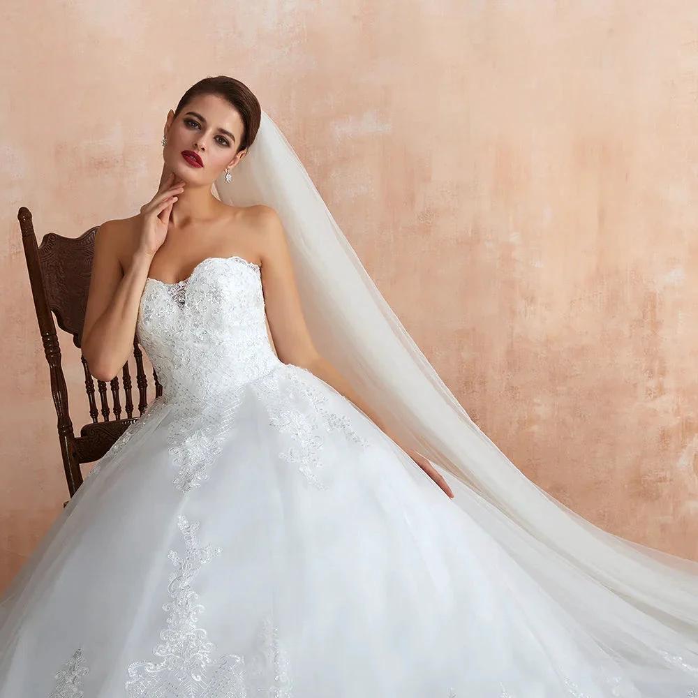 Stylish Long A-line Strapless Appliques Tulle Wedding Dress by BIZTUNNEL