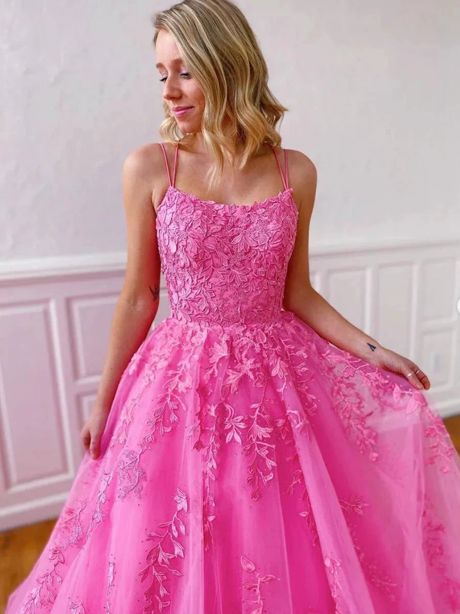 Stylish Long A-line Strapless Spaghetti Straps Tulle Lace Backless Formal Graduation Prom Dresses by BIZTUNNEL