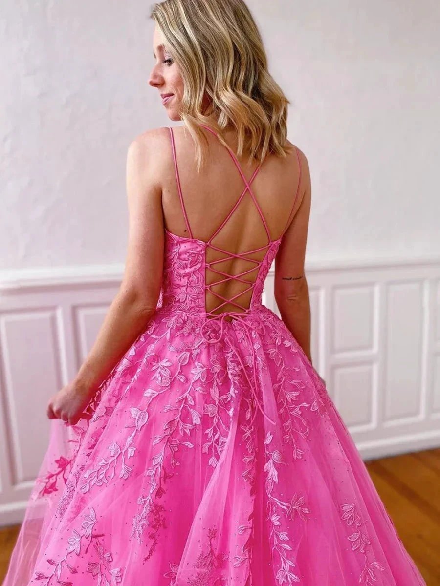 Stylish Long A-line Strapless Spaghetti Straps Tulle Lace Backless Formal Graduation Prom Dresses by BIZTUNNEL
