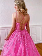 Stylish Long A-line Strapless Spaghetti Straps Tulle Lace Backless Formal Graduation Prom Dresses by BIZTUNNEL