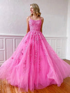 Stylish Long A-line Strapless Spaghetti Straps Tulle Lace Backless Formal Graduation Prom Dresses by BIZTUNNEL