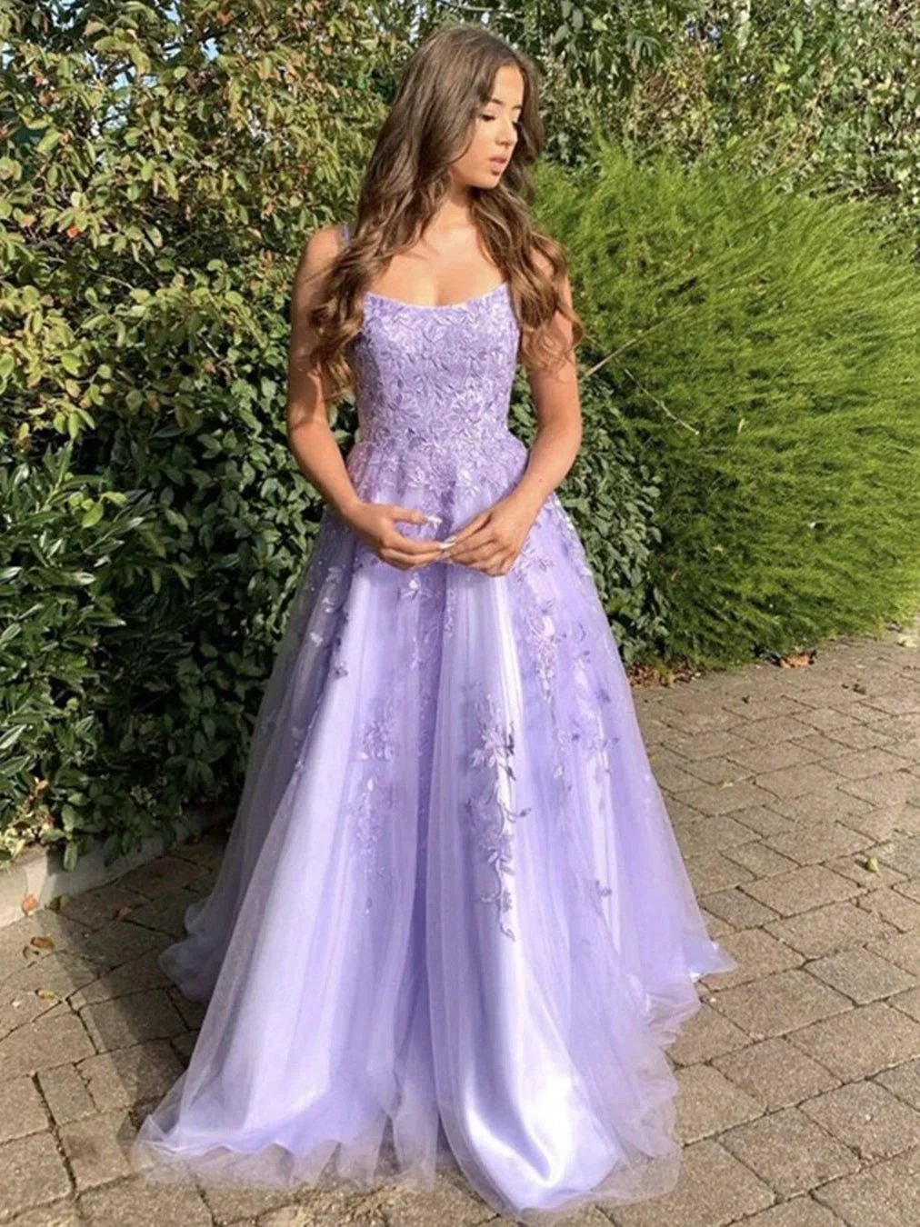 Stylish Long A-line Strapless Tulle Lace Graduation Formal Prom Dresses by BIZTUNNEL
