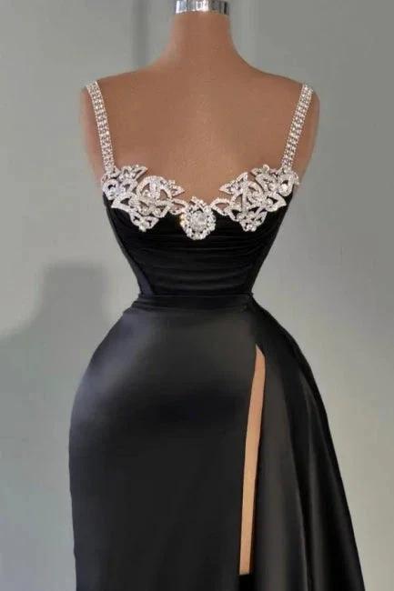 Stylish Long Black A-line Sleeveless Satin Split Front Prom Dress with Jewels by misshow.com