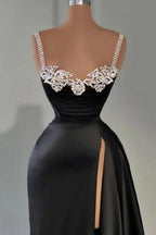 Stylish Long Black A-line Sleeveless Satin Split Front Prom Dress with Jewels by misshow.com