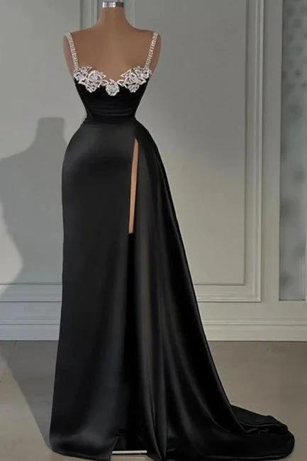 Stylish Long Black A-line Sleeveless Satin Split Front Prom Dress with Jewels by misshow.com