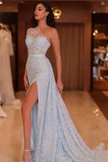 Stylish Long Blue One Shoulder Beading Lace Prom Dress with Slit by misshow.com