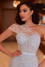 Stylish Long Blue One Shoulder Beading Lace Prom Dress with Slit by misshow.com