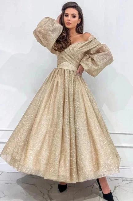 Stylish Long Champagne A-line Off-the-shoulder Long Sleeves Prom Dress with Glitter by misshow.com