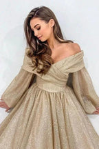 Stylish Long Champagne A-line Off-the-shoulder Long Sleeves Prom Dress with Glitter by misshow.com