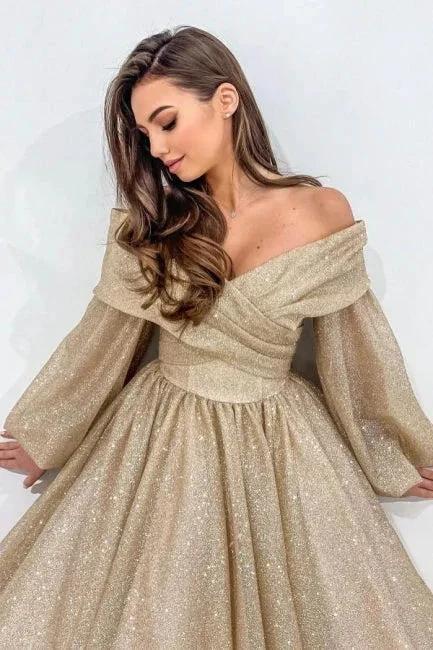 Stylish Long Champagne A-line Off-the-shoulder Long Sleeves Prom Dress with Glitter by misshow.com