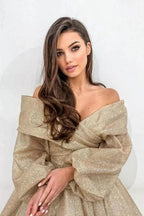 Stylish Long Champagne A-line Off-the-shoulder Long Sleeves Prom Dress with Glitter by misshow.com