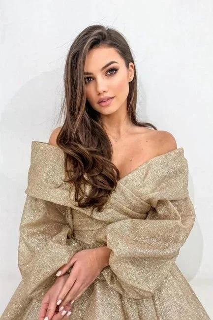 Stylish Long Champagne A-line Off-the-shoulder Long Sleeves Prom Dress with Glitter by misshow.com