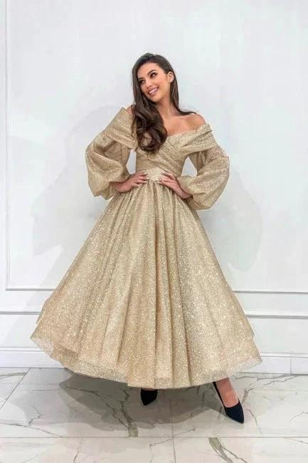 Stylish Long Champagne A-line Off-the-shoulder Long Sleeves Prom Dress with Glitter by misshow.com