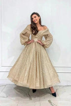 Stylish Long Champagne A-line Off-the-shoulder Long Sleeves Prom Dress with Glitter by misshow.com