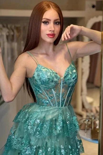 Stylish Long Green A-line Spaghetti Straps Sequined Lace Prom Dress by misshow.com