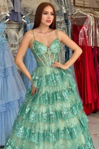 Stylish Long Green A-line Spaghetti Straps Sequined Lace Prom Dress by misshow.com