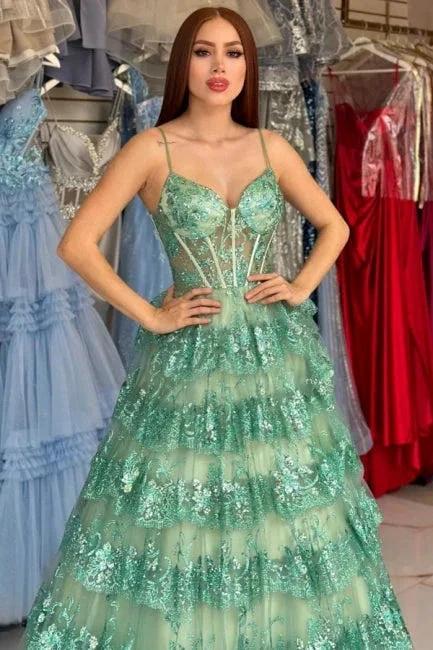Stylish Long Green A-line Spaghetti Straps Sequined Lace Prom Dress by misshow.com