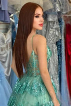 Stylish Long Green A-line Spaghetti Straps Sequined Lace Prom Dress by misshow.com